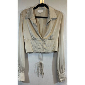 Cottagecore Mable Sz L Cropped LS Blouse Lace Back Corset Boning shirt Top A11